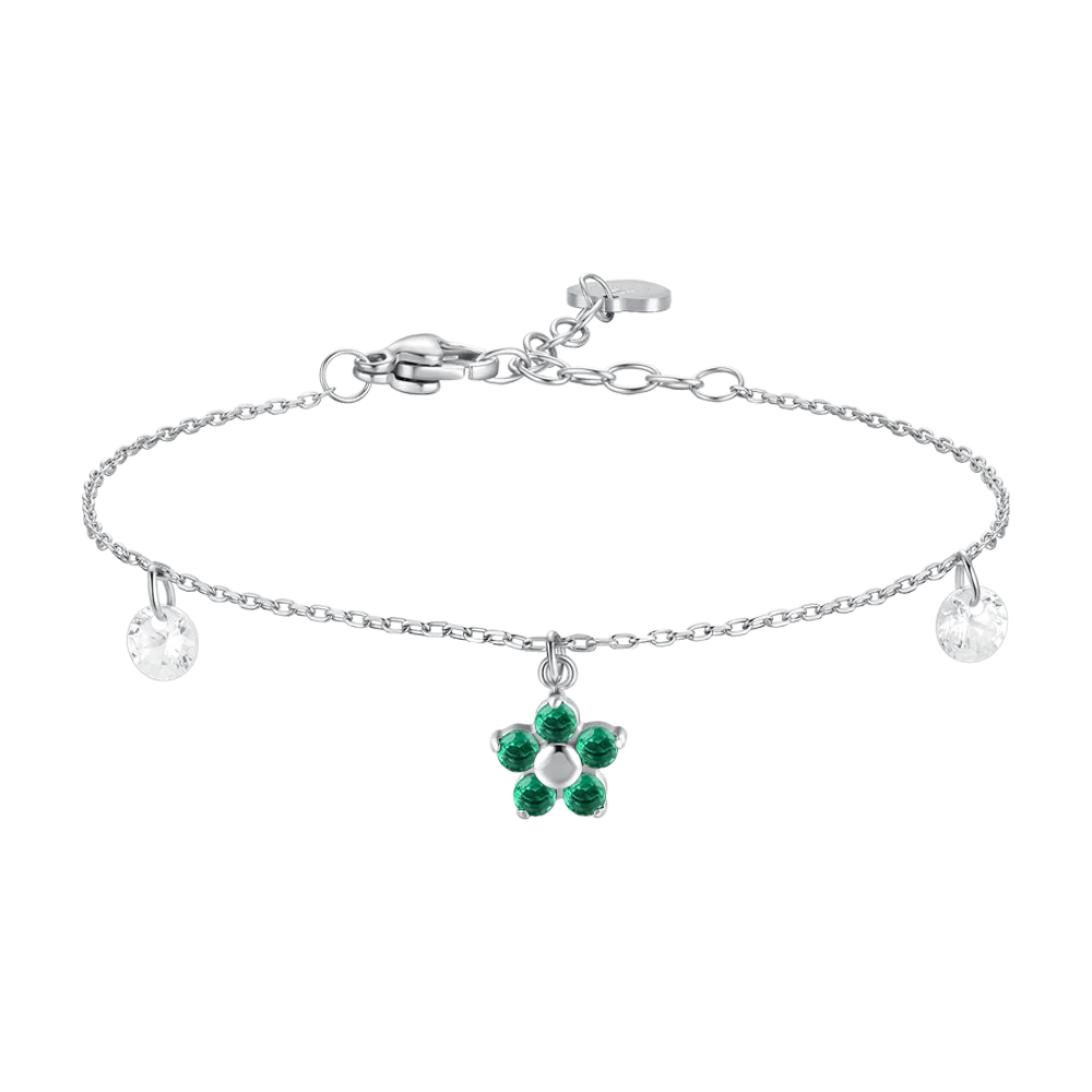 luca barra - BRACCIALE DONNA IN ACCIAIO CON PENDENTE FIORE E PETALI ZIRCONE VERDE
