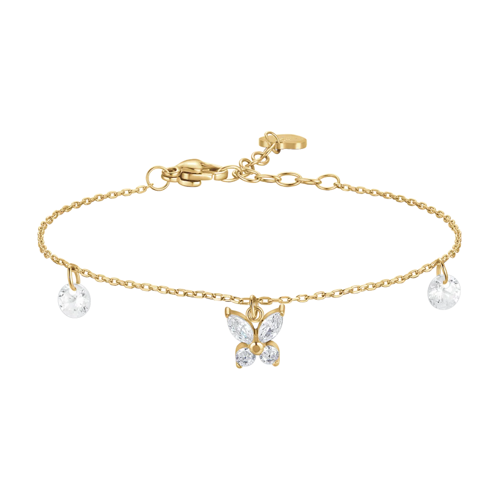 luca barra - BRACCIALE DONNA IN ACCIAIO COLORE ORO CON PENDENTE FARFALLA ED ALI ZIRCONE BIANCO