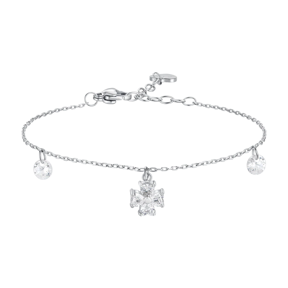 luca barra - BRACCIALE DONNA CON PENDENTE QUADRIFOGLIO CON PETALI ZIRCONE BIANCO