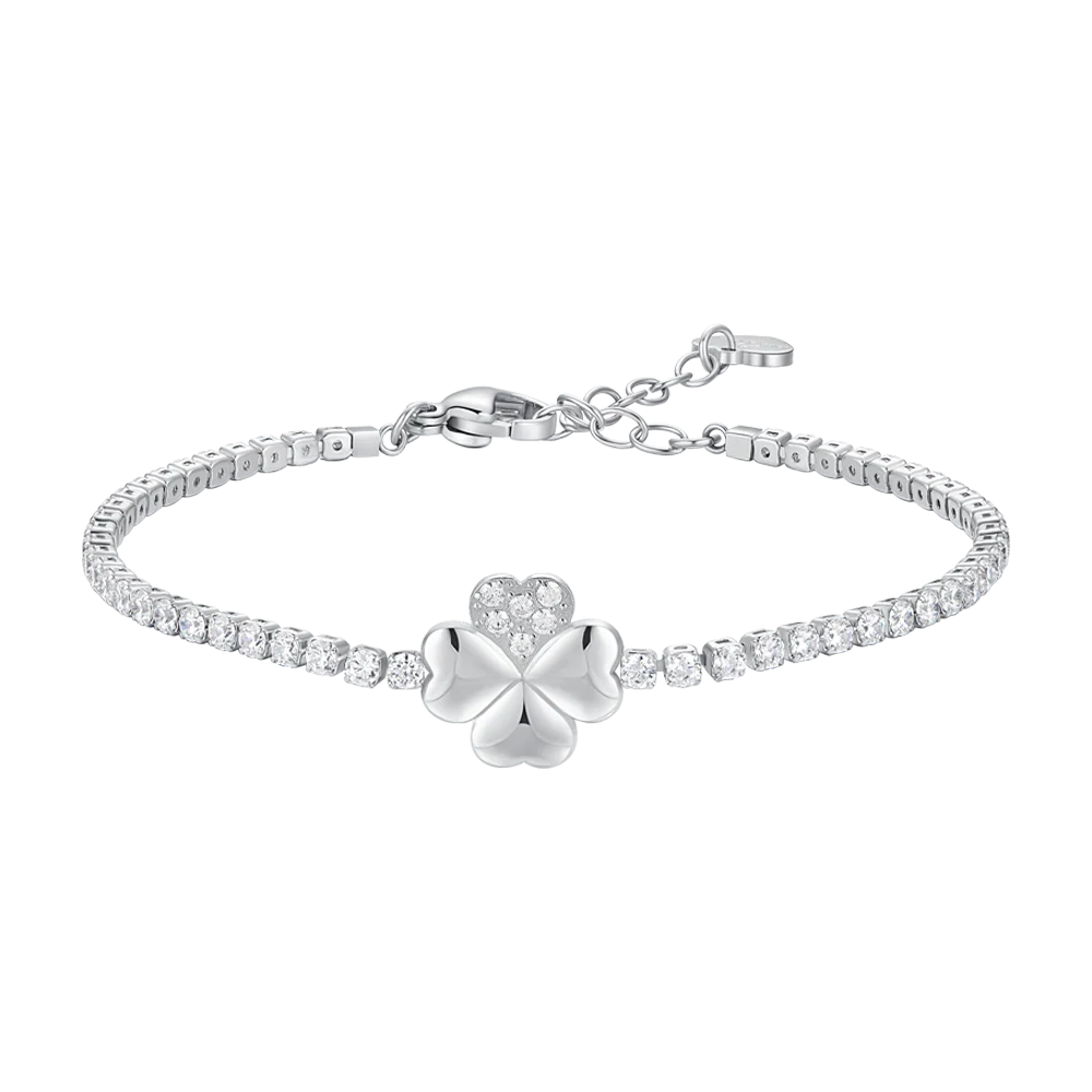 luca barra - BRACCIALE TENNIS DONNA IN ACCIAIO CON QUADRIFOGLIO E PUNTI LUCE ZIRCONE BIANCO
