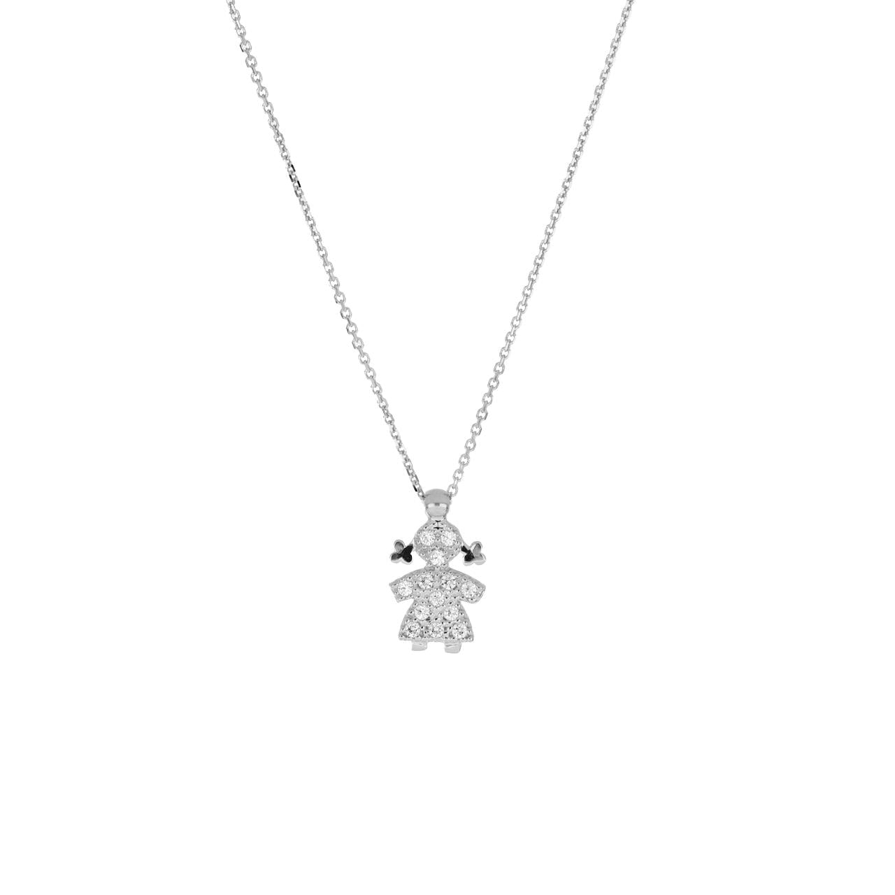 igold - Collana in Oro Bianco 375% 9kt con Ciondolo Bimba e Zirconi
