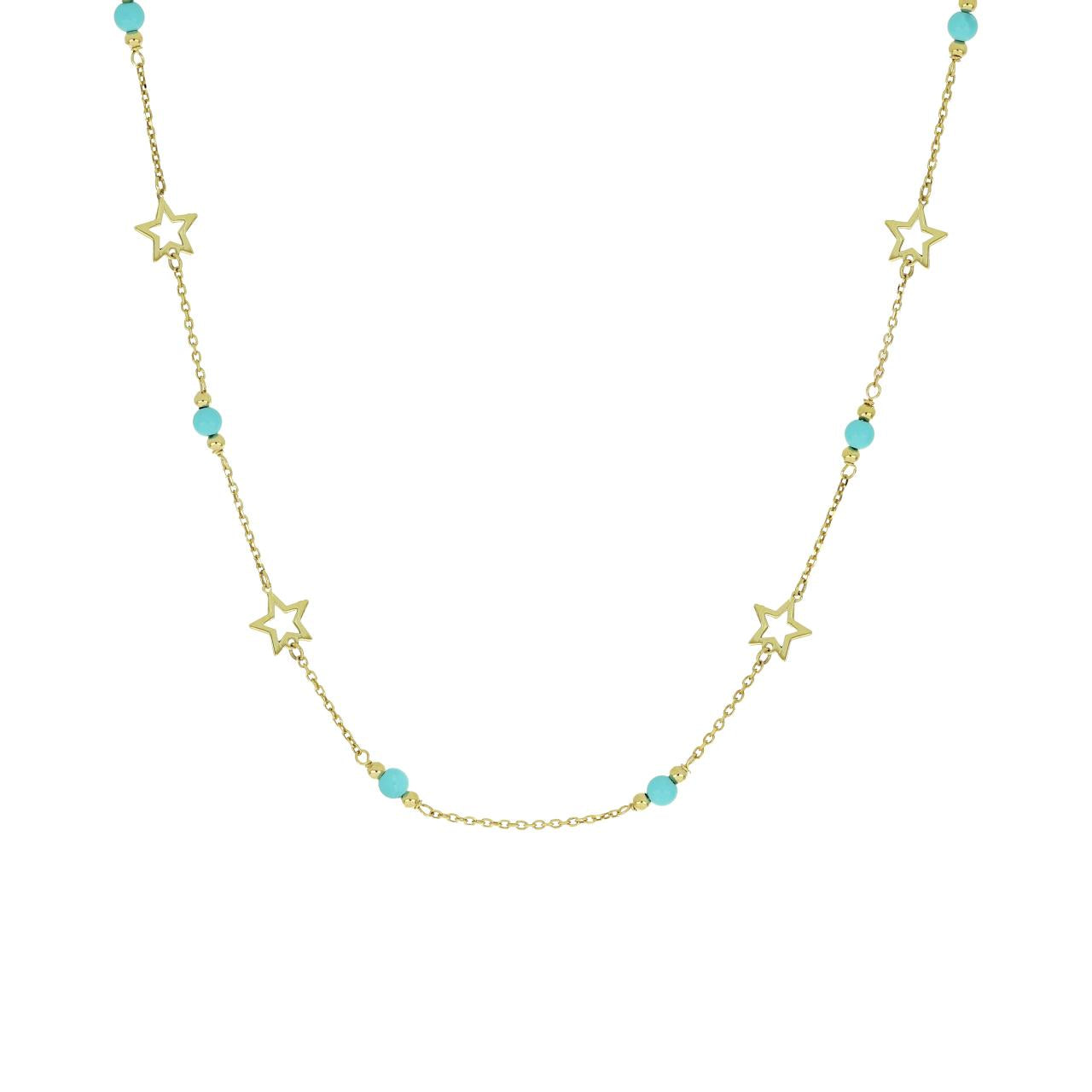 igold - Collana con Stelle e Perline Turchesi in Oro Giallo 375% 9 kt