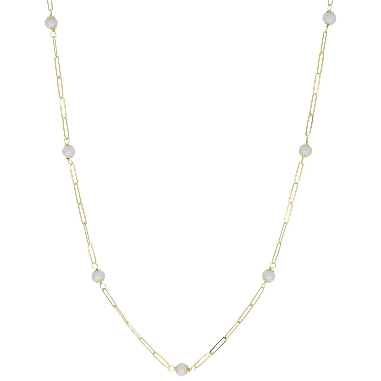 igold - Collana con Catena a Maglie Allungate e Perle Bianche in Oro Giallo 375% 9 kt
