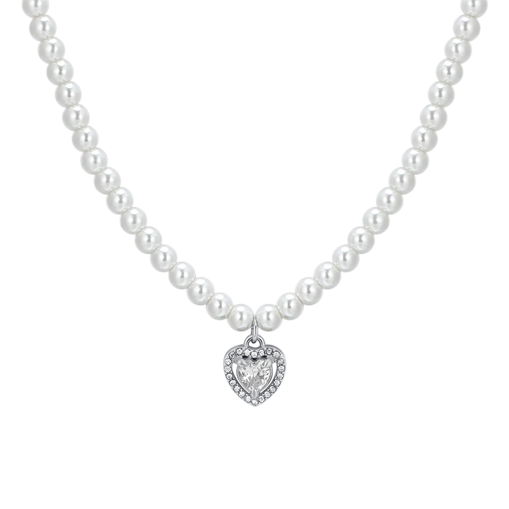 luca barra - COLLANA DONNA IN ACCIAIO PERLE E CUORE ZIRCONE BIANCO