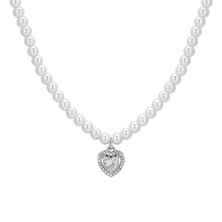 luca barra - COLLANA DONNA IN ACCIAIO PERLE E CUORE ZIRCONE BIANCO
