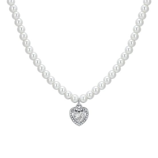 luca barra - COLLANA DONNA IN ACCIAIO PERLE E CUORE ZIRCONE BIANCO