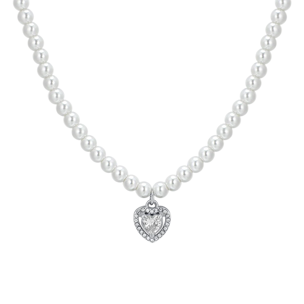 luca barra - COLLANA DONNA IN ACCIAIO PERLE E CUORE ZIRCONE BIANCO