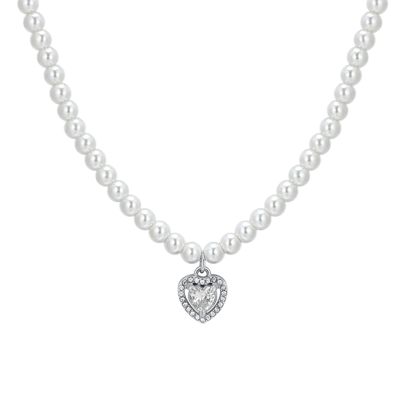 luca barra - COLLANA DONNA IN ACCIAIO PERLE E CUORE ZIRCONE BIANCO