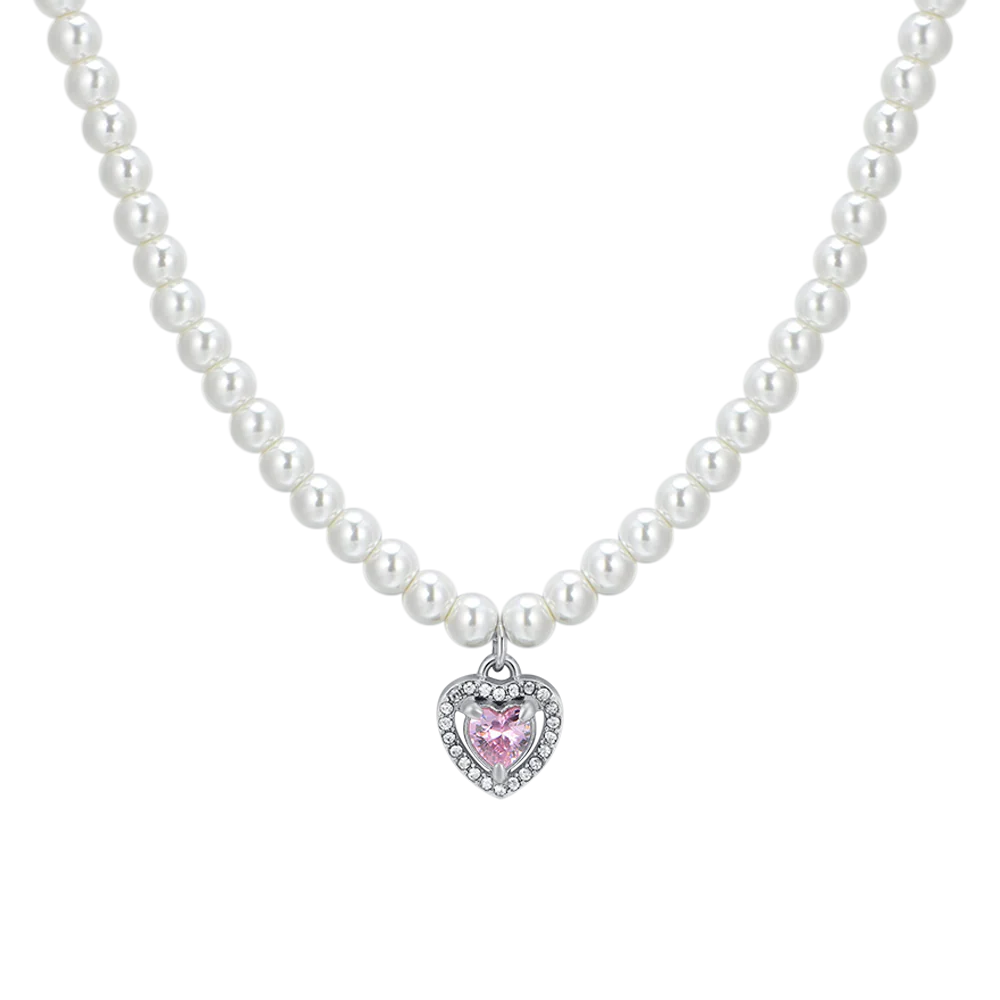 luca barra - COLLANA DONNA IN ACCIAIO PERLE E CUORE ZIRCONE ROSA