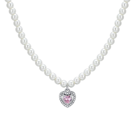 luca barra - COLLANA DONNA IN ACCIAIO PERLE E CUORE ZIRCONE ROSA