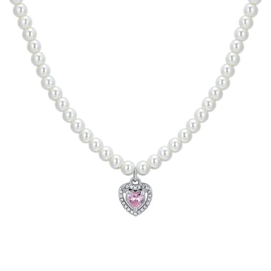 luca barra - COLLANA DONNA IN ACCIAIO PERLE E CUORE ZIRCONE ROSA