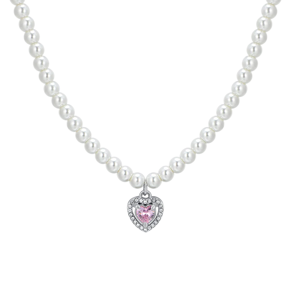 luca barra - COLLANA DONNA IN ACCIAIO PERLE E CUORE ZIRCONE ROSA