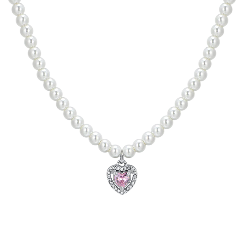 luca barra - COLLANA DONNA IN ACCIAIO PERLE E CUORE ZIRCONE ROSA