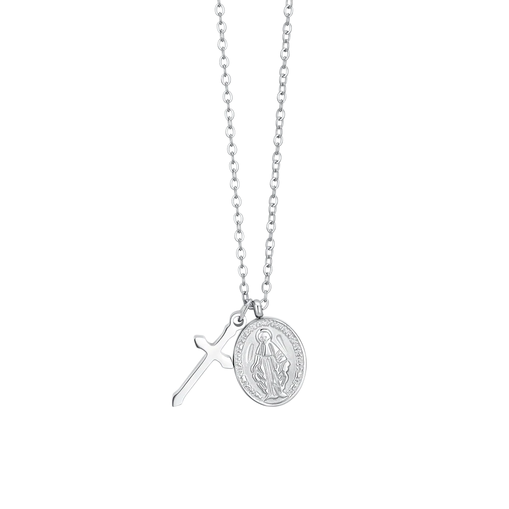 luca barra - COLLANA DONNA IN ACCIAIO, MEDAGLIETTA CON MADONNINA MIRACOLOSA E CROCE