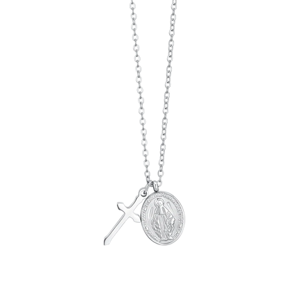 luca barra - COLLANA DONNA IN ACCIAIO, MEDAGLIETTA CON MADONNINA MIRACOLOSA E CROCE