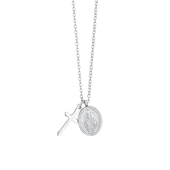 luca barra - COLLANA DONNA IN ACCIAIO, MEDAGLIETTA CON MADONNINA MIRACOLOSA E CROCE