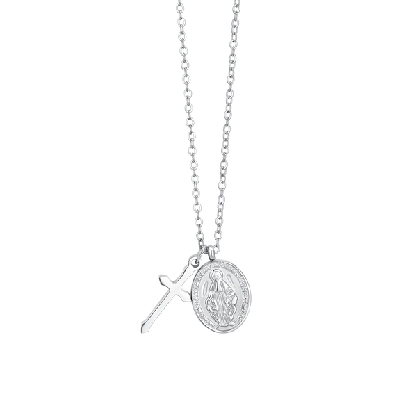 luca barra - COLLANA DONNA IN ACCIAIO, MEDAGLIETTA CON MADONNINA MIRACOLOSA E CROCE