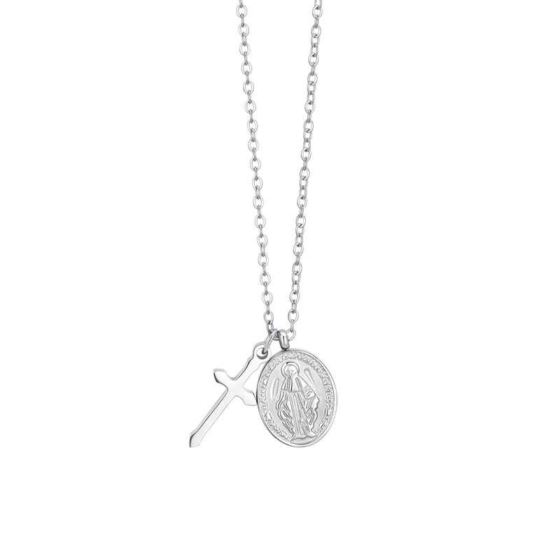 luca barra - COLLANA DONNA IN ACCIAIO, MEDAGLIETTA CON MADONNINA MIRACOLOSA E CROCE