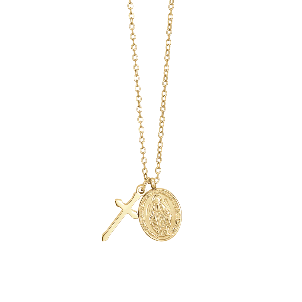 luca barra - COLLANA DONNA IN ACCIAIO IP GOLD, MEDAGLIETTA CON MADONNINA MIRACOLOSA E CROCE