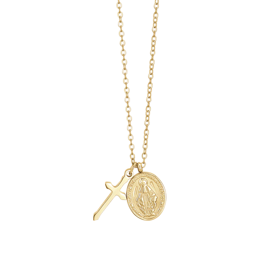 luca barra - COLLANA DONNA IN ACCIAIO IP GOLD, MEDAGLIETTA CON MADONNINA MIRACOLOSA E CROCE