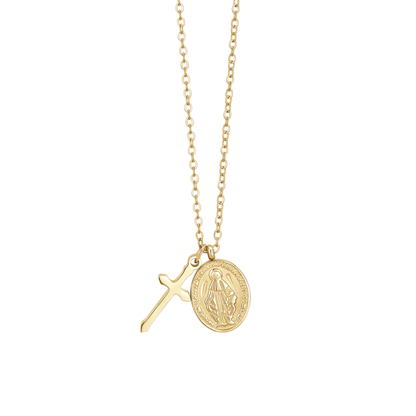 luca barra - COLLANA DONNA IN ACCIAIO IP GOLD, MEDAGLIETTA CON MADONNINA MIRACOLOSA E CROCE