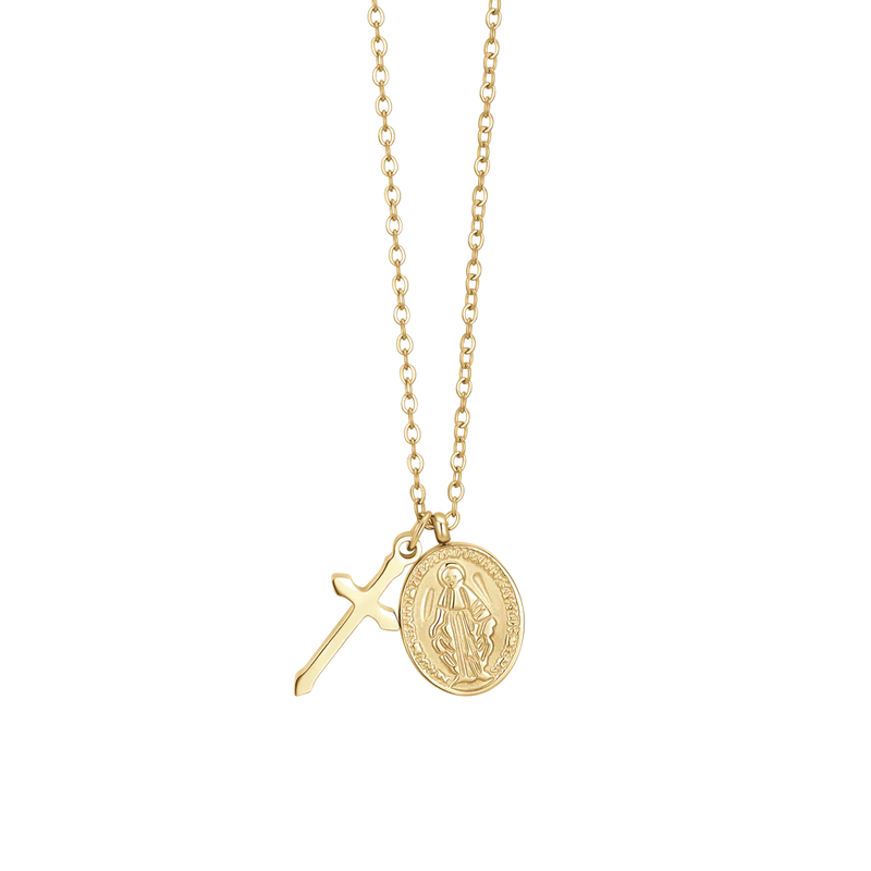 luca barra - COLLANA DONNA IN ACCIAIO IP GOLD, MEDAGLIETTA CON MADONNINA MIRACOLOSA E CROCE