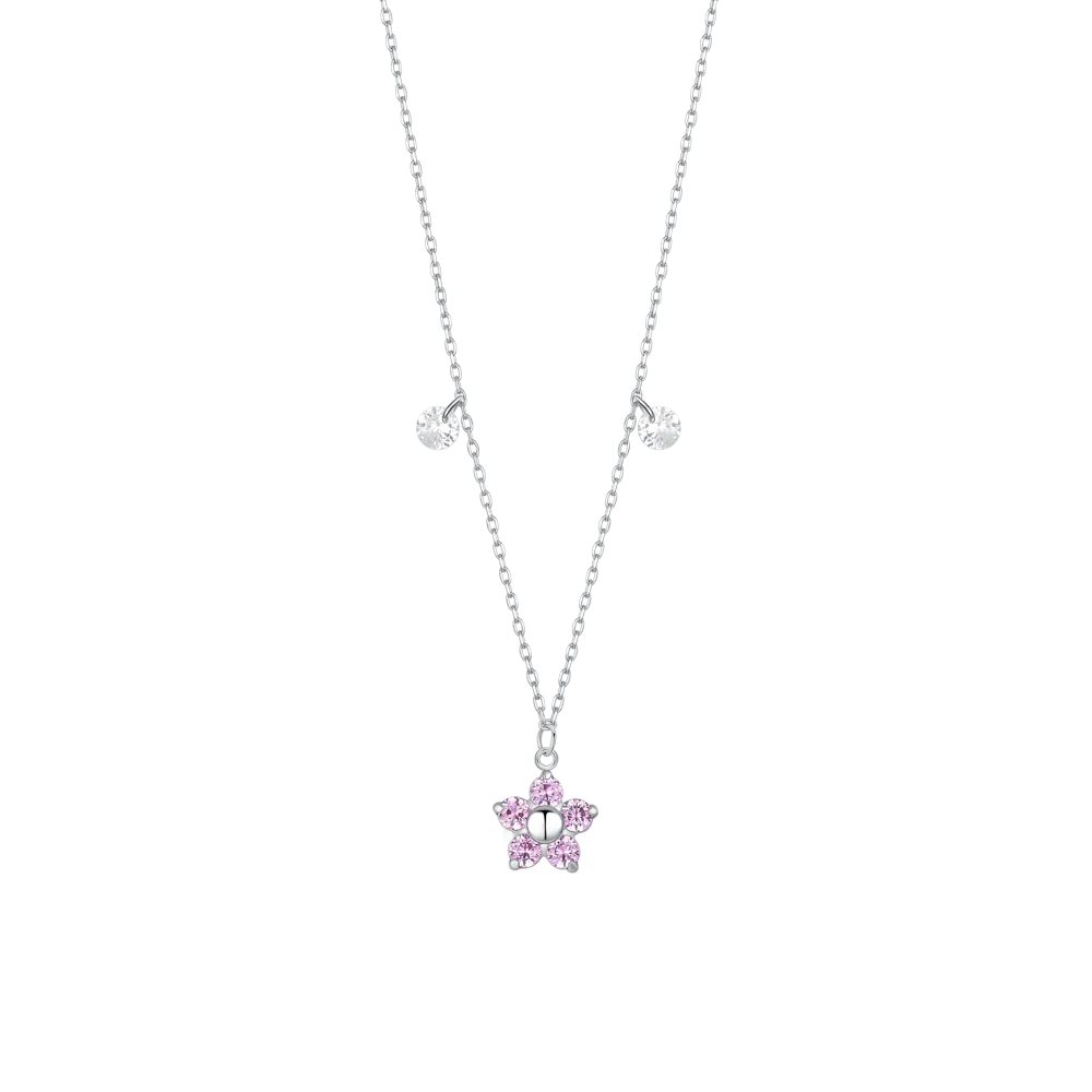 luca barra - COLLANA DONNA IN ACCIAIO CON PENDENTE FIORE CON E PETALI ZICONE MAGENTA