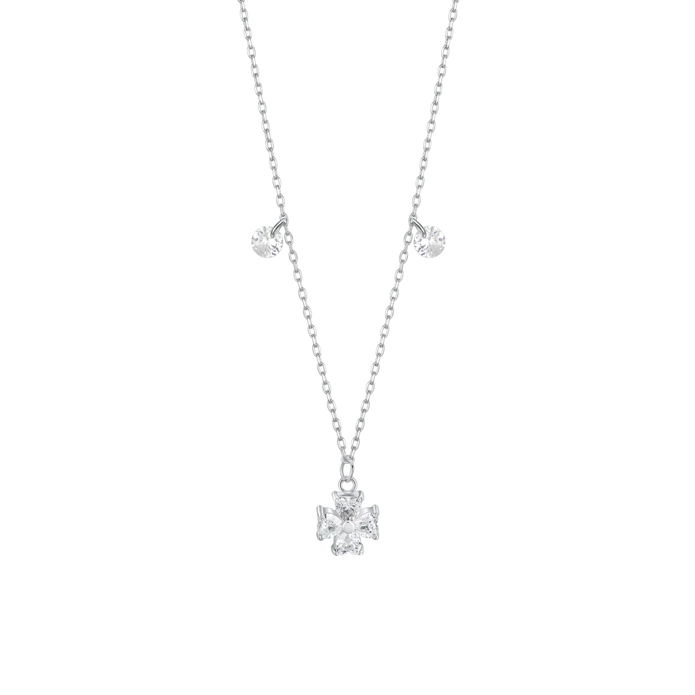 luca barra - COLLANA IN ACCIAIO CON QUADRIFOGLIO E PETALI ZIRCONE BIANCO