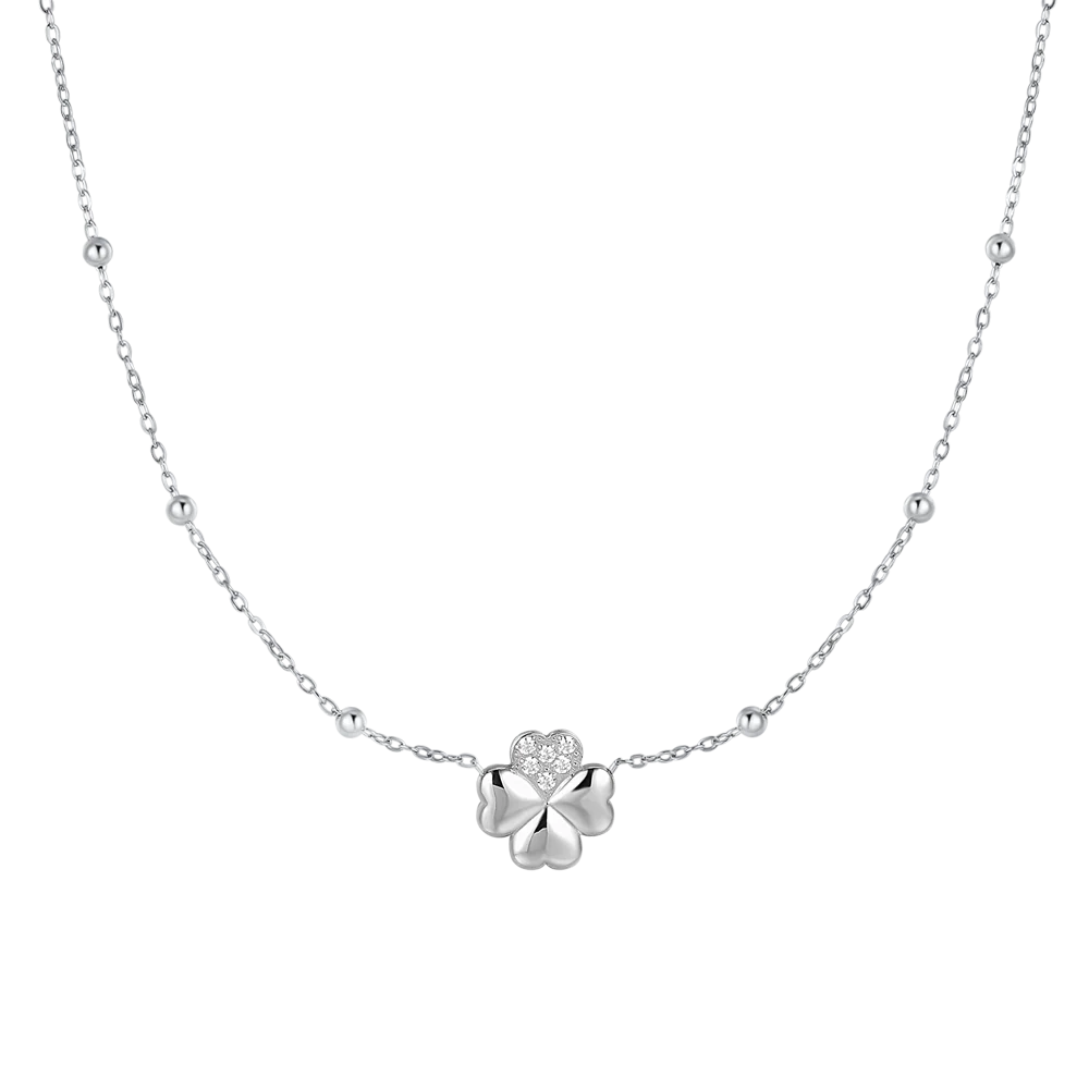 luca barra - COLLANA DONNA IN ACCIAIO CON QUADRIFOGLIO E PUNTI LUCE IN ZIRCONE BIANCO