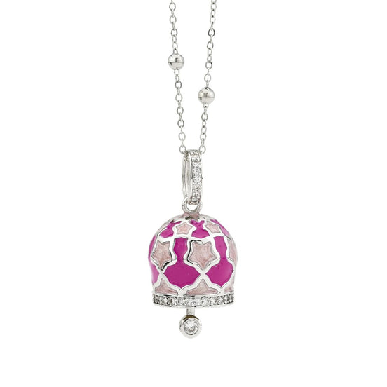 CL/GR04 Collana campanella con stelle rosa smaltate a mano e zirconi