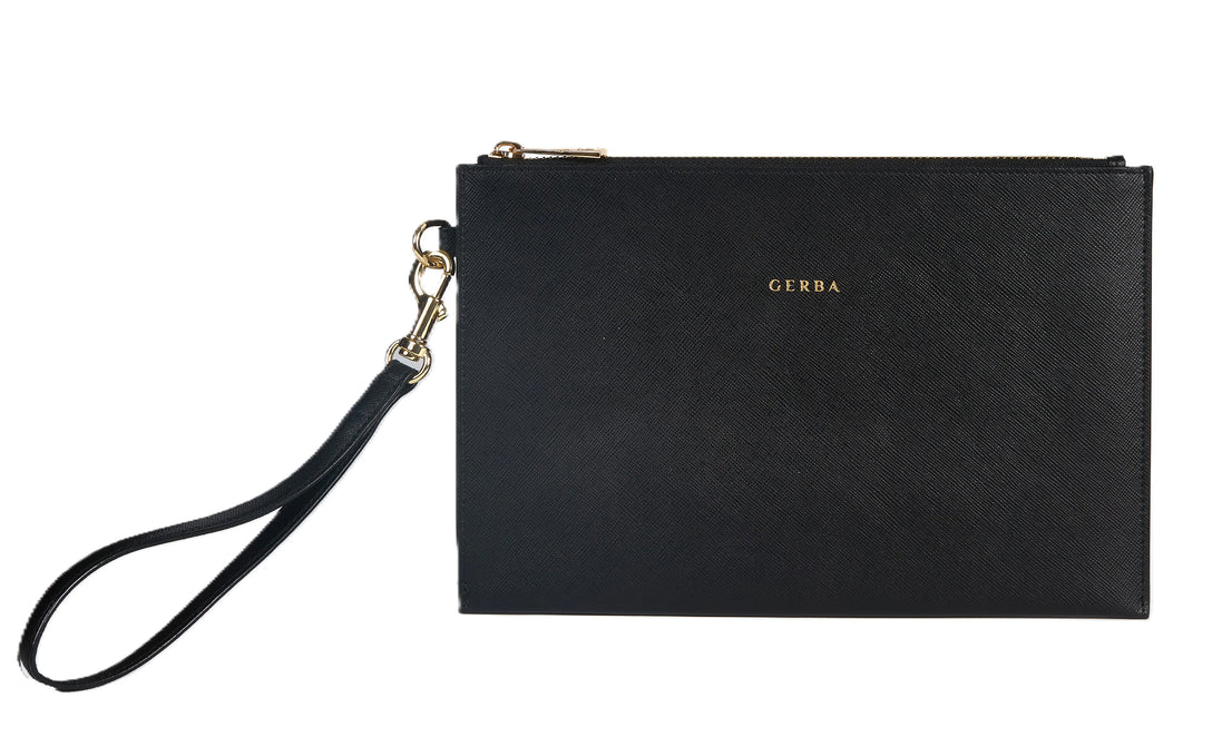Gerba Pochette in pelle di vitello saffiano nero e loro in argento - Gb010