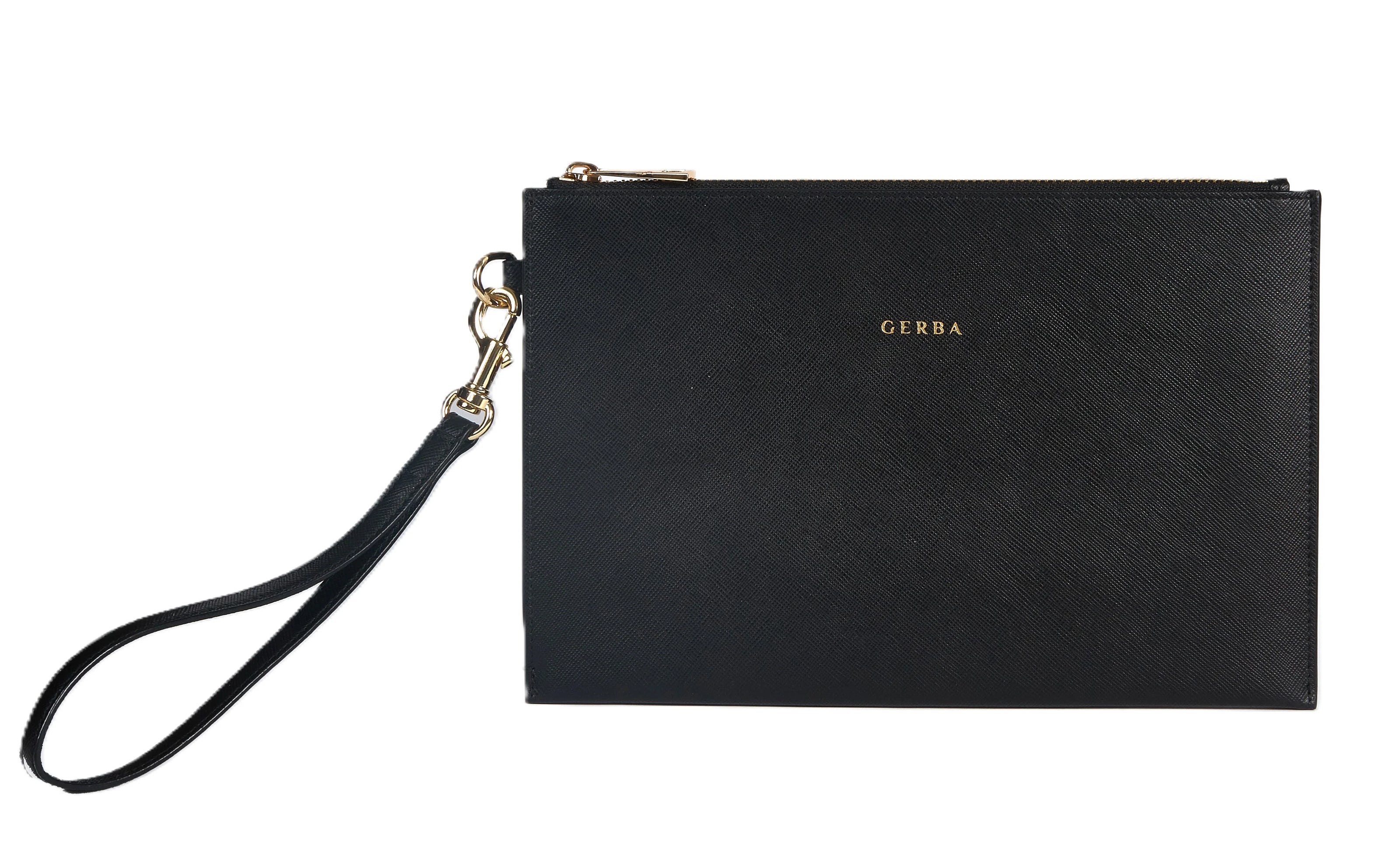 Gerba Pochette in pelle di vitello saffiano nero e loro in argento - Gb010