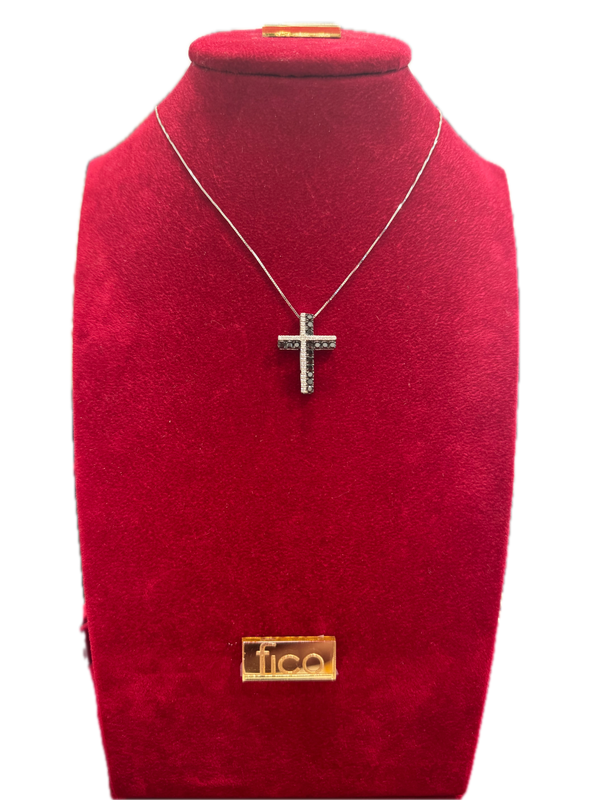 Fico Gioielli - Collana con Croce in Oro Bianco e Diamanti Bianchi e Neri