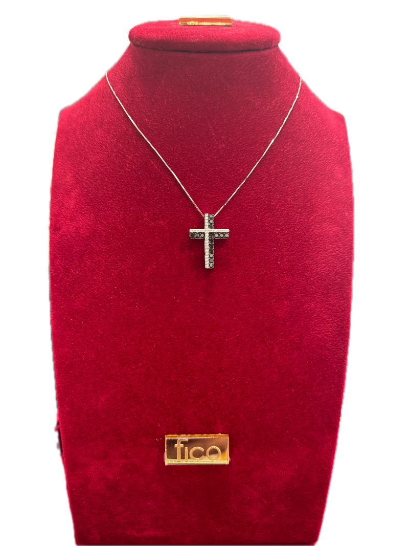 Fico Gioielli - Collana con Croce in Oro Bianco e Diamanti Bianchi e Neri