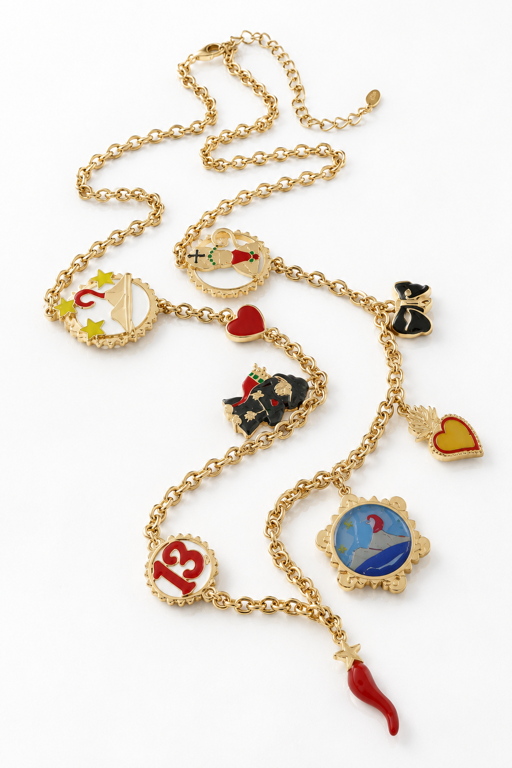 Amo Napoli - Collana in Metallo con cornetto, Vesuvio, cuore sacro, maschera, 13