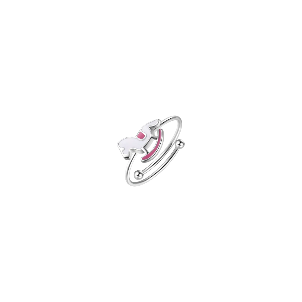 luca barra - ANELLO IN ACCIAIO, CAVALLO A DONDOLO CON SMALTO ROSA E FUCSIA