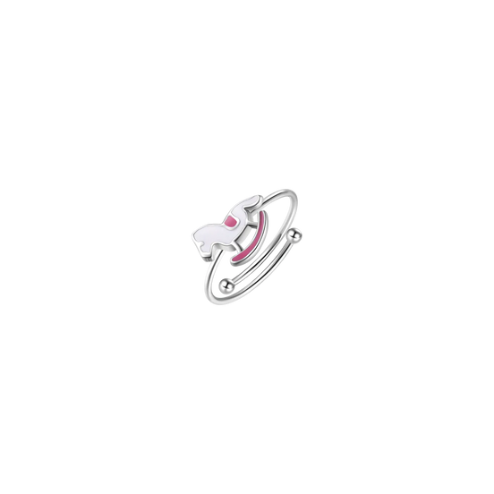 luca barra - ANELLO IN ACCIAIO, CAVALLO A DONDOLO CON SMALTO ROSA E FUCSIA