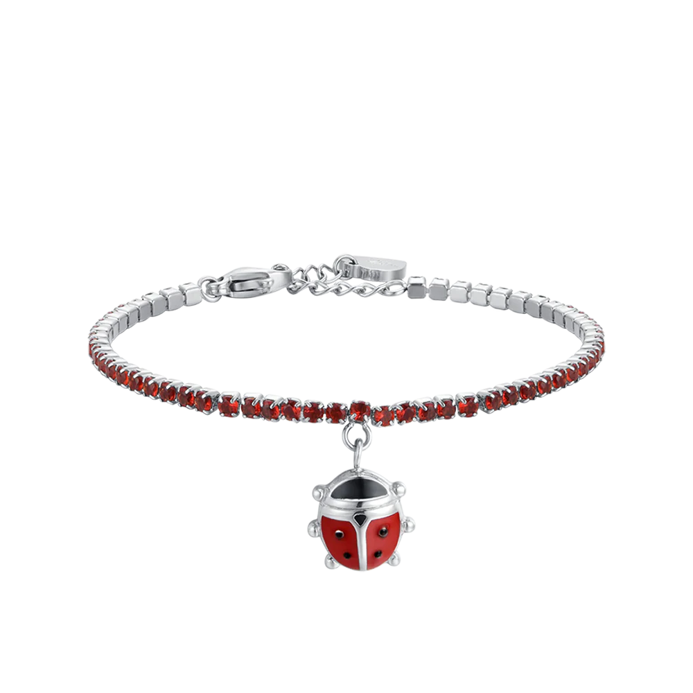 luca barra - BRACCIALE TENNIS BAMBINA IN ACCIAIO CON CRISTALLI ROSSI E COCCINELLA
