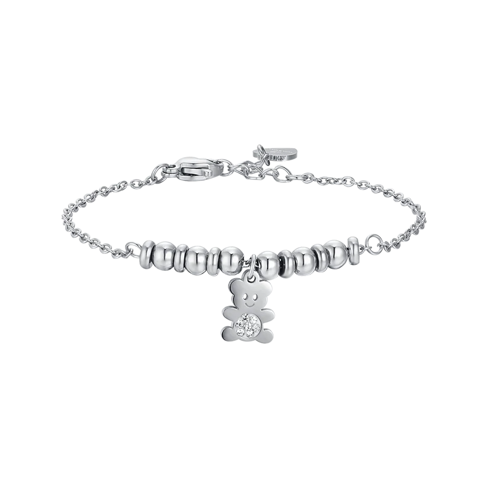 luca barra - BRACCIALE BAMBINA IN ACCIAIO CON ORSETTO CON CRISTALLI BIANCH