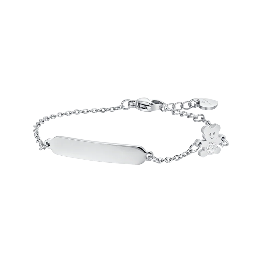 luca barra - BRACCIALE BAMBINA IN ACCIAIO CON PIASTRA ED ORSETTO CON CRISTALLI BIANCHI