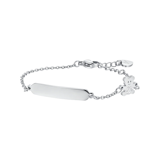 luca barra - BRACCIALE BAMBINA IN ACCIAIO CON PIASTRA ED ORSETTO CON CRISTALLI BIANCHI