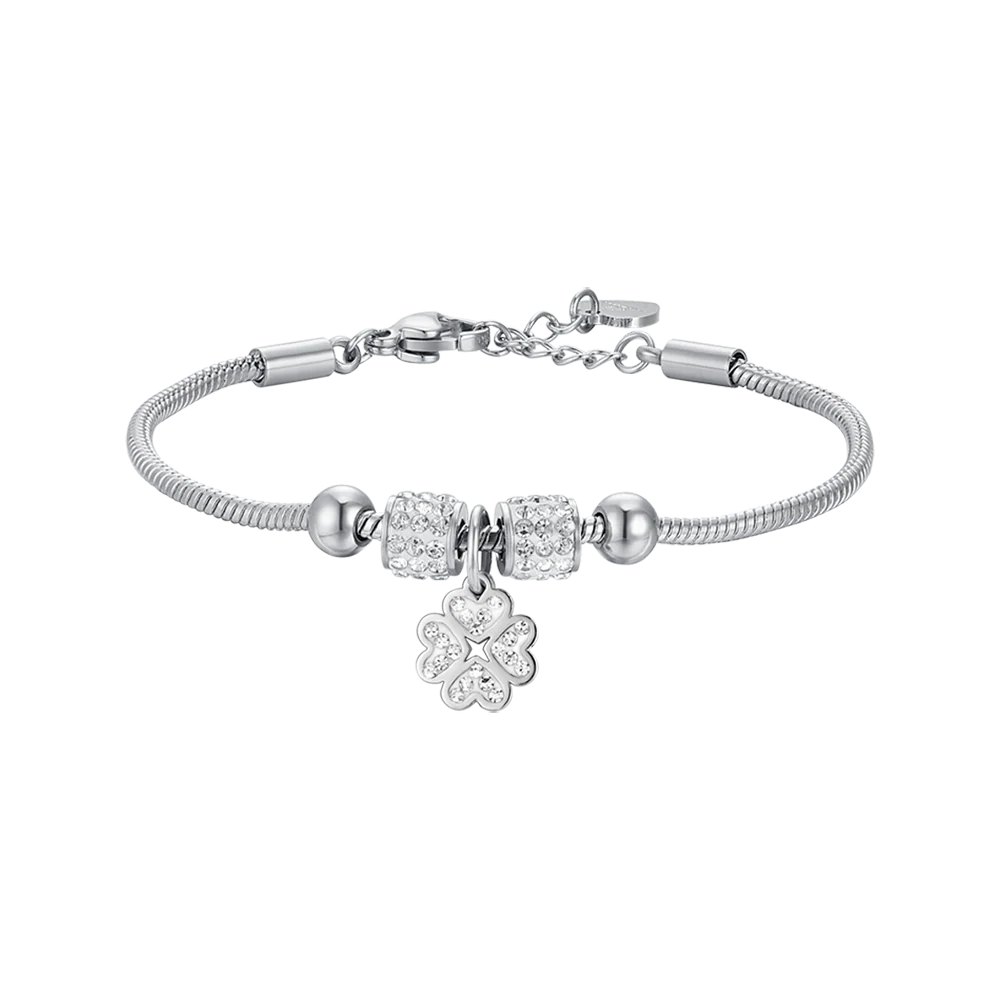 luca barra - BRACCIALE BAMBINA IN ACCIAIO CON QUADRIFOGLIO CON CRISTALLI BIANCHI