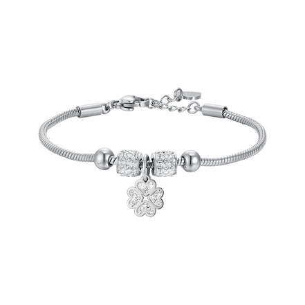 luca barra - BRACCIALE BAMBINA IN ACCIAIO CON QUADRIFOGLIO CON CRISTALLI BIANCHI