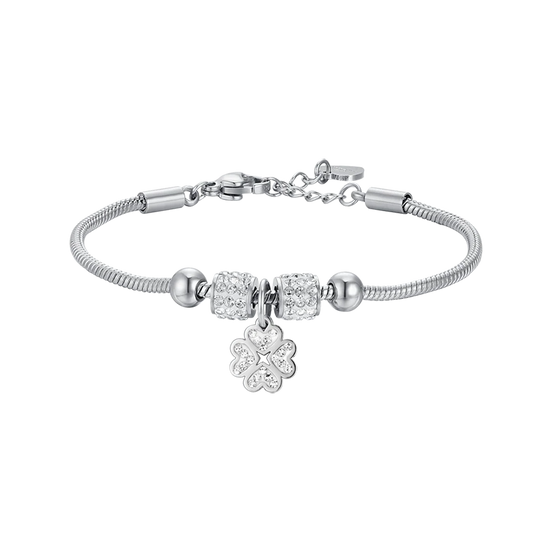 luca barra - BRACCIALE BAMBINA IN ACCIAIO CON QUADRIFOGLIO CON CRISTALLI BIANCHI