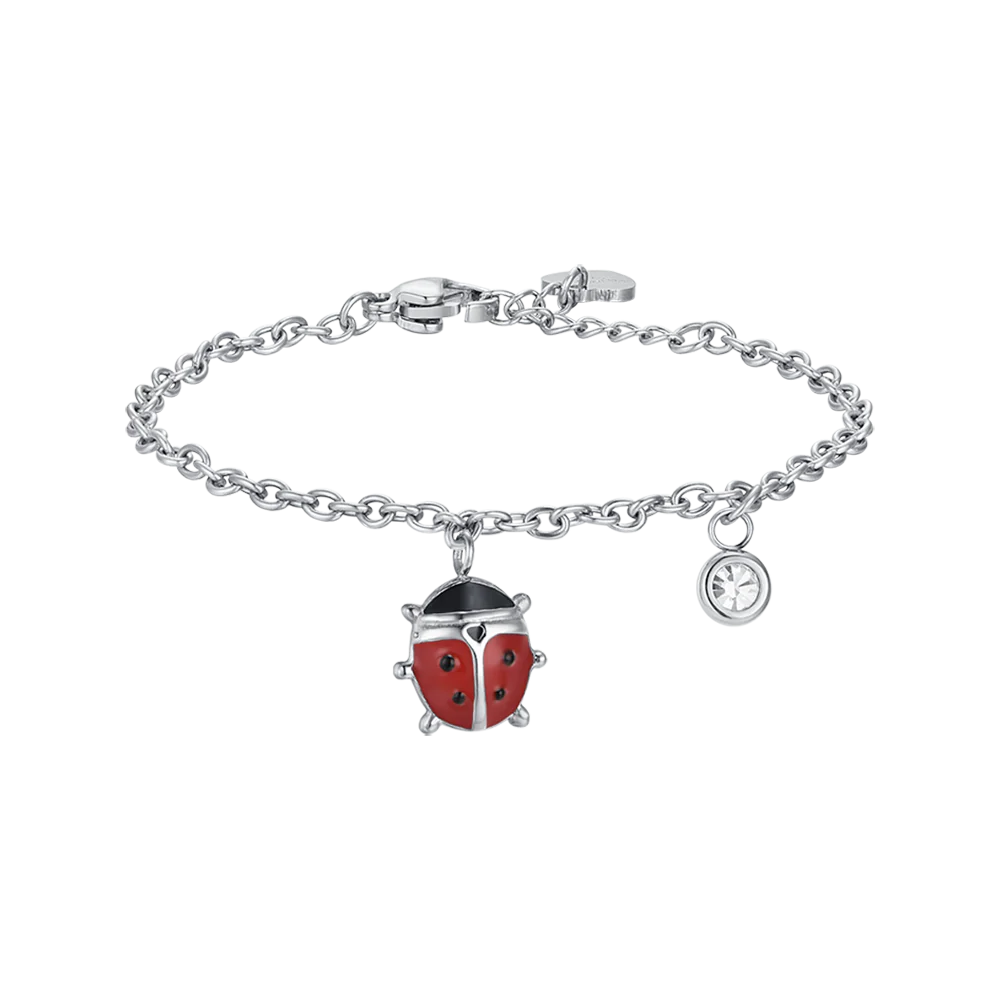 luca barra - BRACCIALE BAMBINA IN ACCIAIO CON COCCINELLA CON SMALTO ROSSO E NERO E CRISTALLO