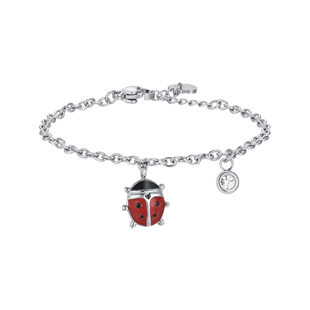 luca barra - BRACCIALE BAMBINA IN ACCIAIO CON COCCINELLA CON SMALTO ROSSO E NERO E CRISTALLO