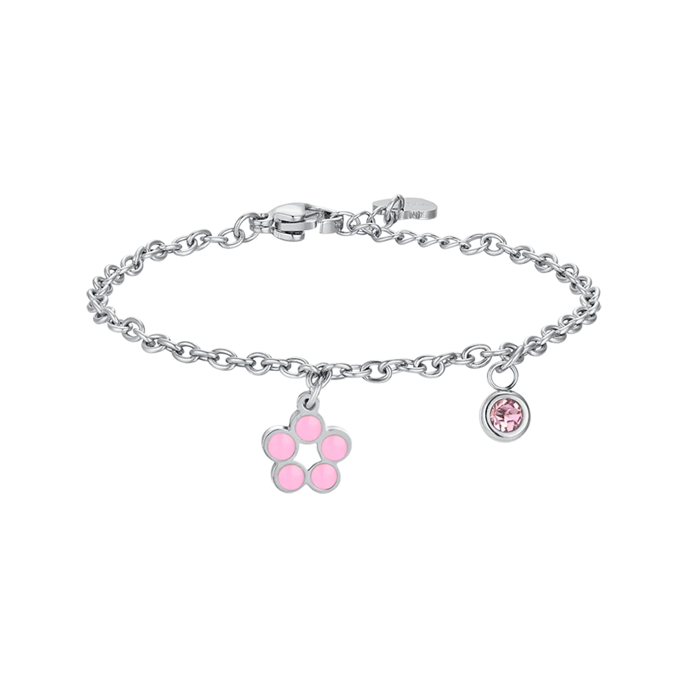 luca barra - BRACCIALE BAMBINA IN ACCIAIO CON FIORE CON SMALTO ROSA E BIANCO E CRISTALLO