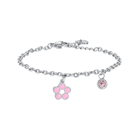 luca barra - BRACCIALE BAMBINA IN ACCIAIO CON FIORE CON SMALTO ROSA E BIANCO E CRISTALLO