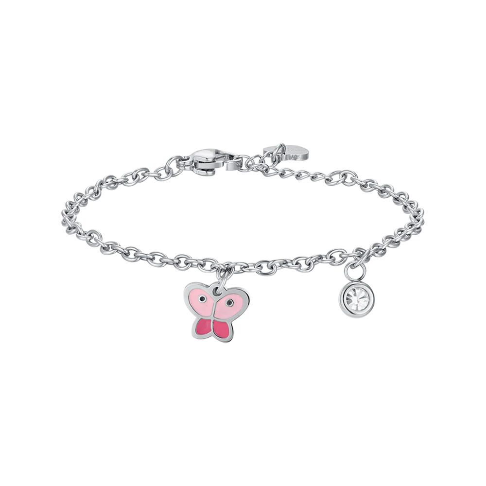 luca barra - BRACCIALE BAMBINA IN ACCIAIO CON FARFALLA CON SMALTO ROSA E CRISTALLO BIANCO