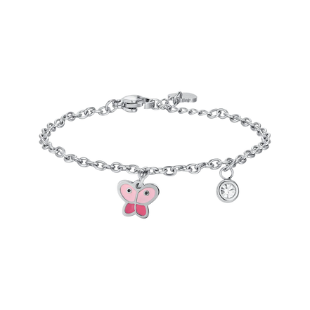 luca barra - BRACCIALE BAMBINA IN ACCIAIO CON FARFALLA CON SMALTO ROSA E CRISTALLO BIANCO